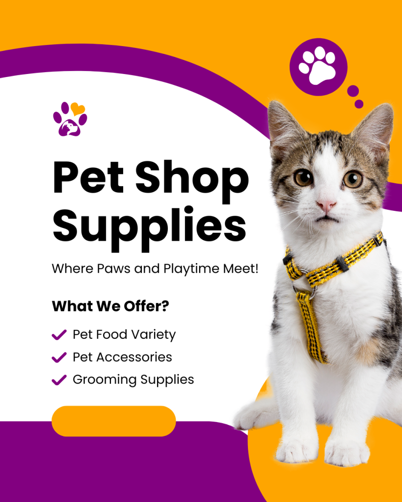 Purple and Yellow Modern Pet Shop Supplies Instagram Post